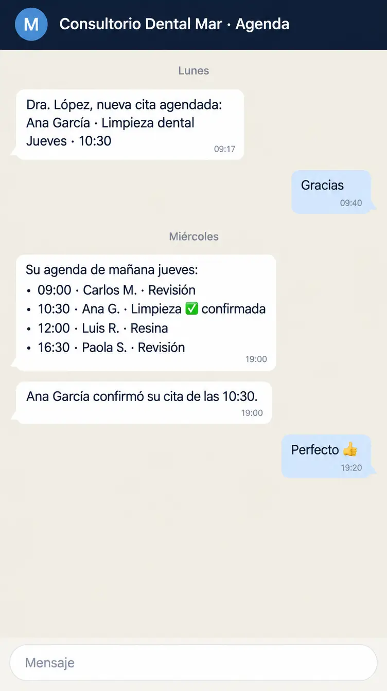 Sample conversation (in Spanish): the assistant tells Dr. López about the new appointment and, the night before, sends her Thursday's schedule with the appointment confirmed.
