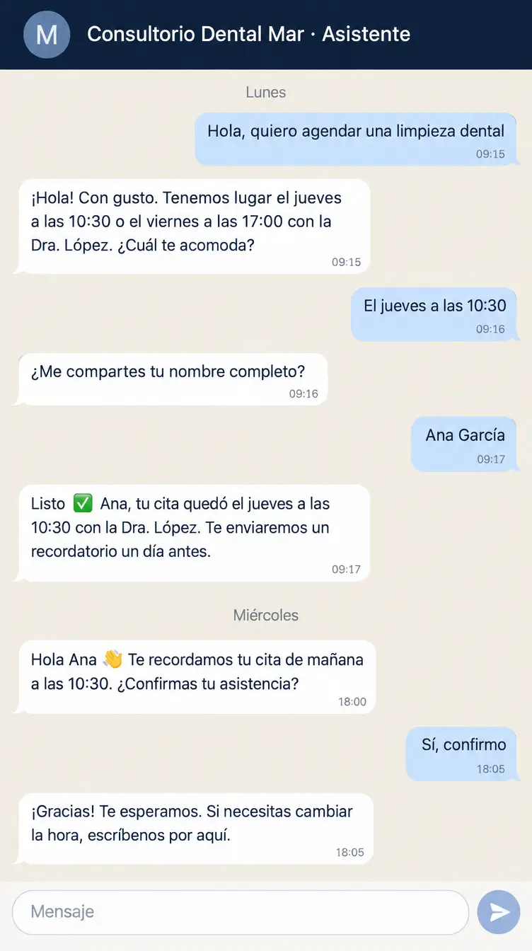 Sample conversation (in Spanish): a patient asks for a dental cleaning, the assistant books Thursday at 10:30 with Dr. López and sends a reminder the day before, which she confirms.