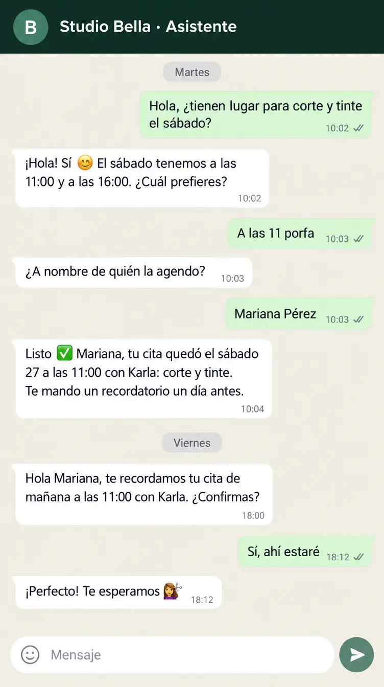 Sample conversation (in Spanish): a client asks for a cut and color, the assistant books Saturday at 11:00 with Karla and sends a reminder the day before, which she confirms.