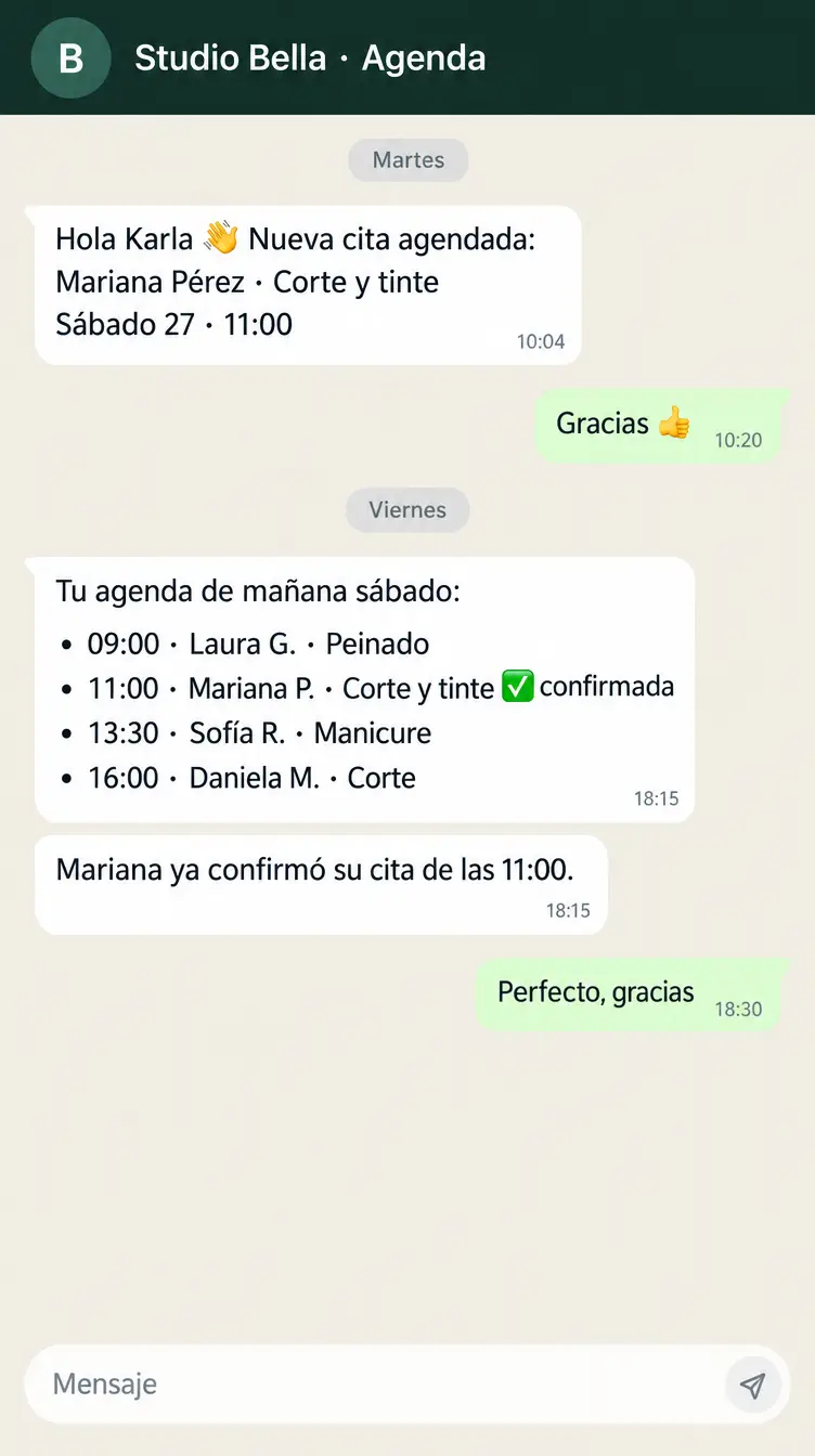 Sample conversation (in Spanish): the assistant tells stylist Karla about the new appointment and, the night before, sends her Saturday's schedule with the appointment confirmed.